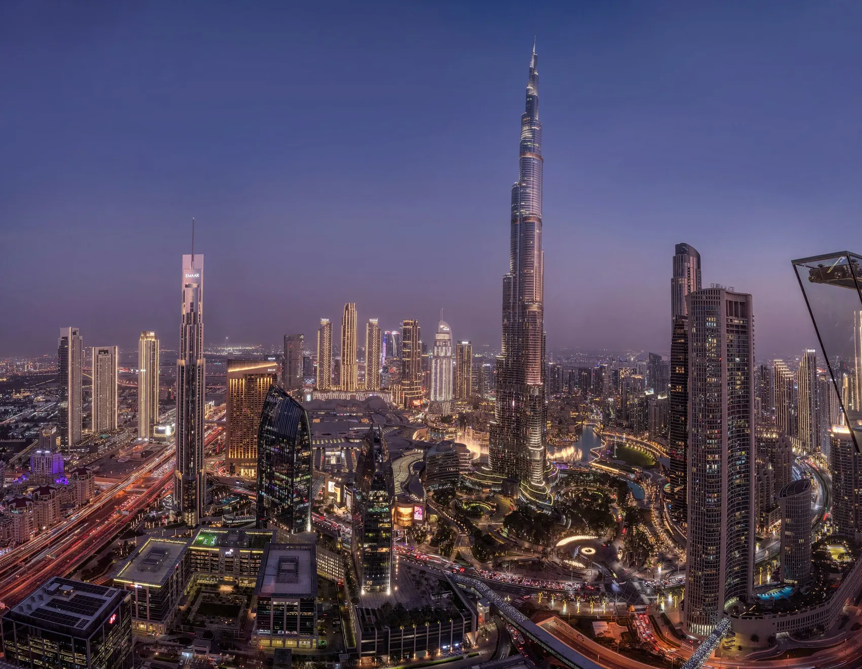 Downtown Dubai at dusk from above